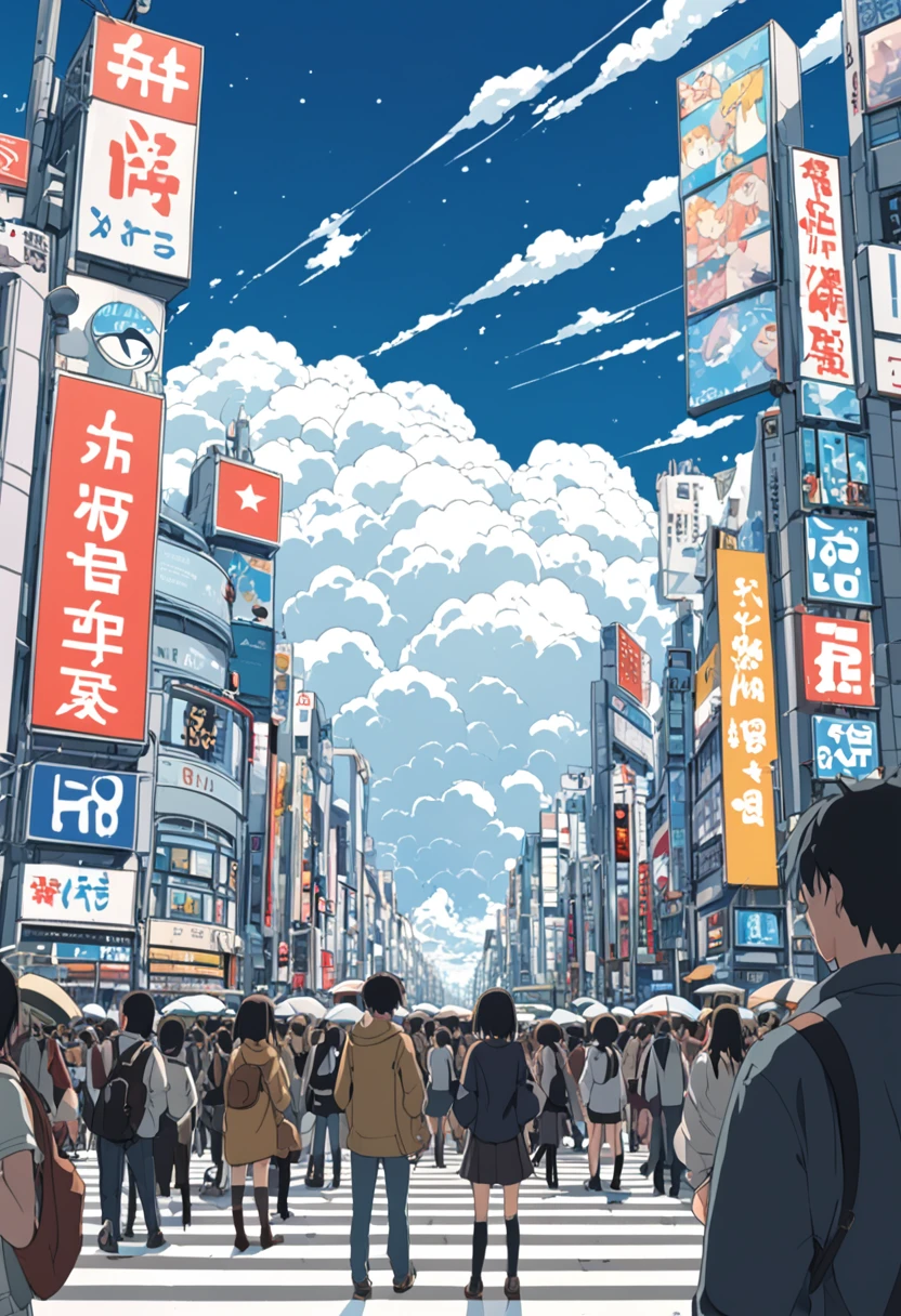 ((anime: 1.4, shape)), (masterpiece, Highest quality, Highest quality), (Very detailed, The perfect solution), ((16K, High resolution)) (Shibuya Scramble Crossing, anime Style, Cumulonimbus, blue sky, crowd), ( anime: 1.4, shape)), (masterpiece, Highest quality, Highest quality), (Very detailed, The perfect solution). and {Lofi Art, ローリー・グリースリーのstyle, makoto shinkai'style, anime Aesthetic}, break {(Produces images with over 40 million pixels of information and cinematic detail。Hot on Sony's Slur).}