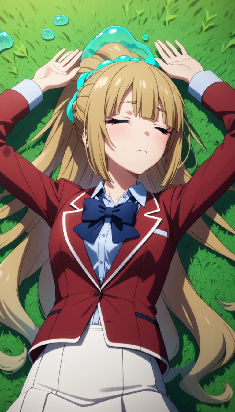 masterpiece, best quality, highres, ponytail hair, (single braid:1.2), hair ribbon, red blazer,buttoned blazer, blue bowtie, long sleeves, white skirt,lying on grass,closed reg , closed knees , spread arms, raise up hands ,slime, closed mouth,