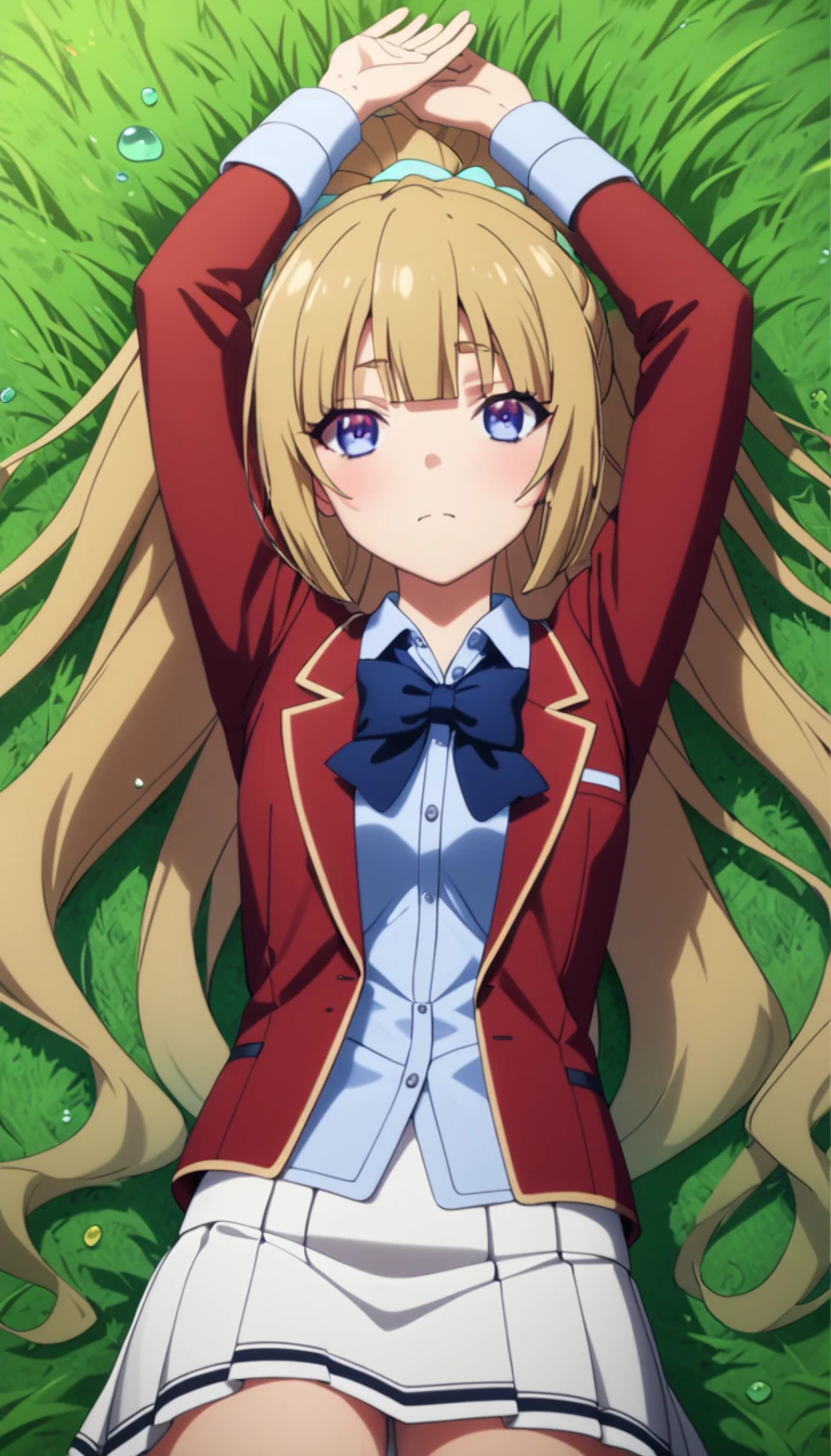 masterpiece, best quality, highres, ponytail hair, (single braid:1.2), hair ribbon, red blazer,buttoned blazer, blue bowtie, long sleeves, white skirt,lying on grass,closed reg , closed knees , spread arms, raise up hands ,slime, closed mouth,