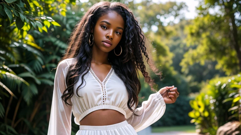 (full body portrait) of a 21-year-old black american woman, long black curly hair, brown eyes, feminine features, detailed skin pores, oiled skin, skinny fit body, nice legs, wearing two piece white silk llace dress, OUTDOOR, natural lighting, volumetric lighting, backlight on hair, soft front light, dslr, ultra high quality, sharp focus, film grain, fuji film XT3, intricate details, Raw, UHD
