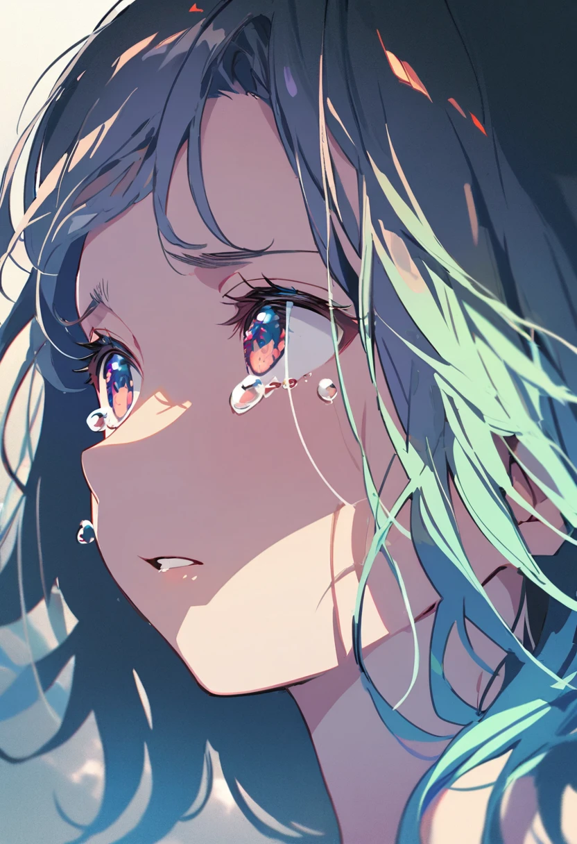 Anime style:1 girl looking up and crying,Profile,90 degree tilt of neck,Face up,tilt
