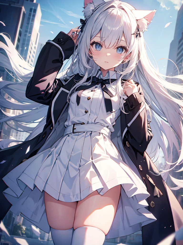 White silk tights，Short skirt，Boots，Lining，coat，White long hair，A cat lady，Loli，small headdress，White, light blue, light pink，Standing，Halo