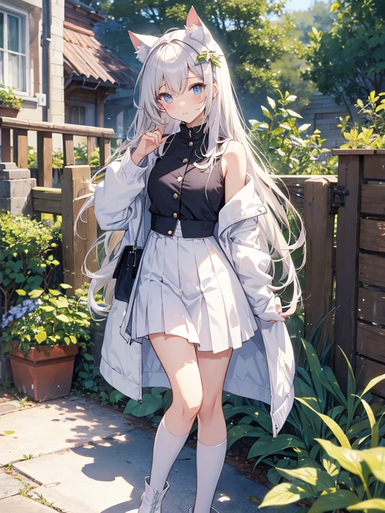 White silk tights,Short skirt,Boots,Lining,coat,White long hair,A cat lady,,small headdress,White, light blue, light pink,Standing,Halo