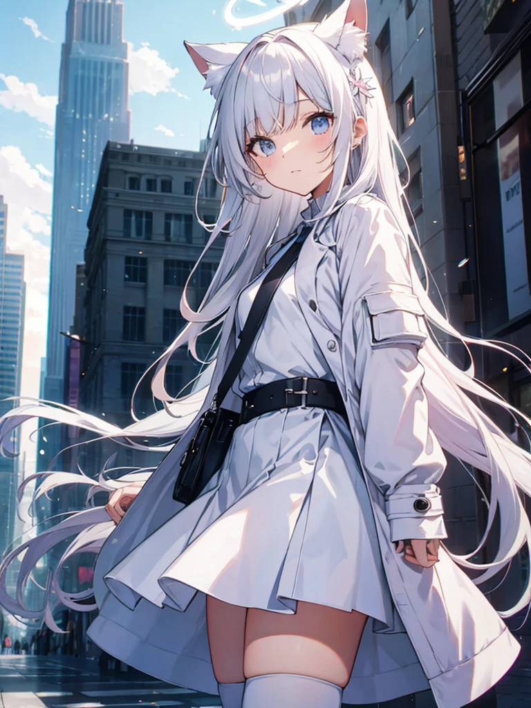 White silk tights,Short skirt,Boots,Lining,coat,White long hair,A cat lady,Loli,small headdress,White, light blue, light pink,Standing,Halo