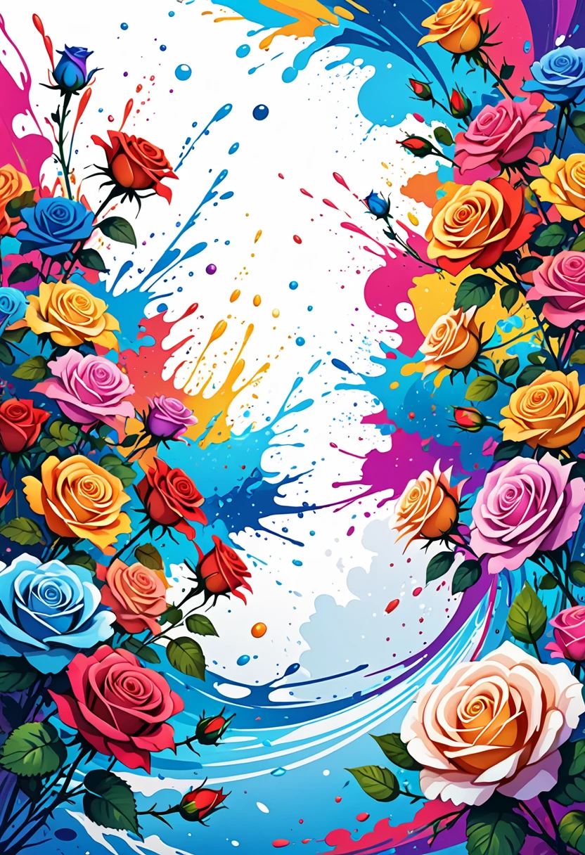 vectorial art, Colorful illustration with many roses, centro do background em branco, swirly vibrant colors, paint splashes and smears, UHD details, Underwater swimming background