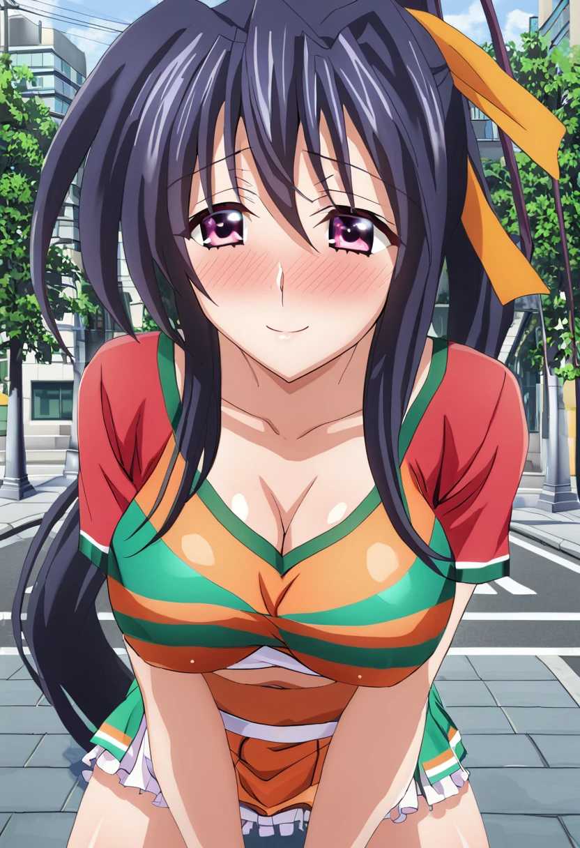 sysdeep_akeno, 1girl, solo, long_hair, smile, large_breasts, red shirt, black_hair, big cleavage, medium_breasts, very_long_hair, purple_eyes, collarbone, orange hair_ribbon, ponytail, sexy green cheerleader uniform, street, city, sexy look, blushing, seductive eyes, grabbing