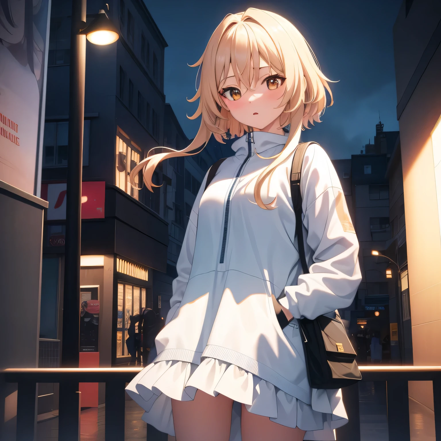 masterpiece, best quality, lumine, 1girl, solo, blush, hair between eyes, ((streetwear clothes)), city, outdoors, night, movie poster, extremely detailed 8K, smooth, high resolution, ultra quality, cinematic lighting, ambient occlusion, hd, 2k, 4k, 8k, 16k, extremely detailed anime, detailed faces, perfect composition, wide shot, atmospheric lighting, 