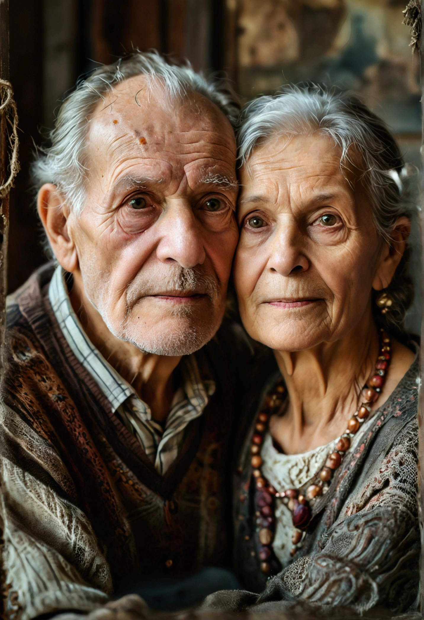 Grandparents couple, elderly couple, old and old dog,  (Foto RAW, real, best qualityer, Masterpiece artwork: 1.2), (Hiper realisitic, realisitic: 1.2), high qualiy, (dark ilumination: 1.2), perfect lighting, Lightroom, 35mm films, cinemactic, dimmed colors, dark shot, Muted colours, grainy film, lute, insane details, Intricate details