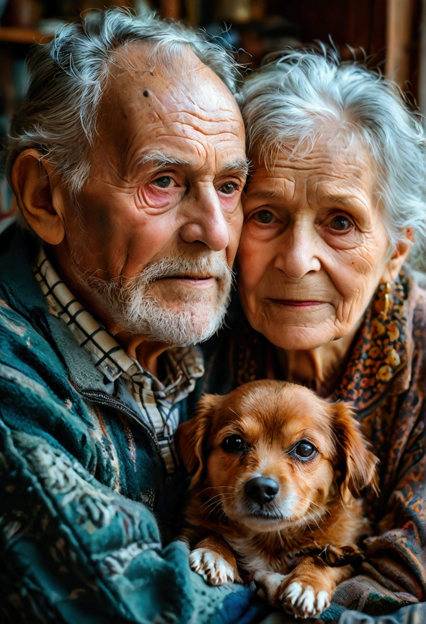 Grandparents couple, elderly couple, old and old dog, (Foto RAW, real, best qualityer, Masterpiece artwork: 1.2), (Hiper realisitic, realisitic: 1.2), high qualiy, (dark ilumination: 1.2), perfect lighting, Lightroom, 35mm films, cinemactic, dimmed colors, dark shot, Muted colours, grainy film, lute, insane details, Intricate details