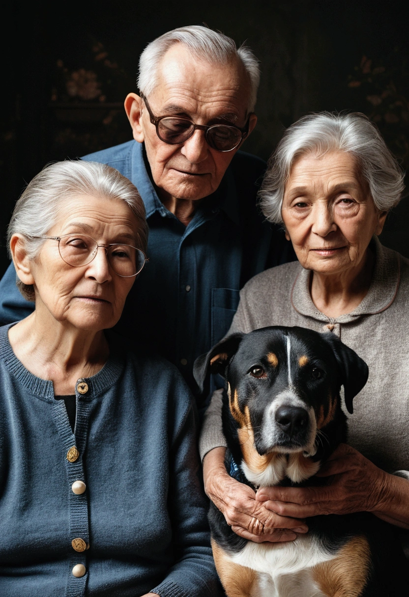 Grandparents couple, elderly couple, old and old dog,  (Foto RAW, real, best qualityer, Masterpiece artwork: 1.2), (Hiper realisitic, realisitic: 1.2), high qualiy, (dark ilumination: 1.2), perfect lighting, Lightroom, 35mm films, cinemactic, dimmed colors, dark shot, Muted colours, grainy film, lute, insane details, Intricate details