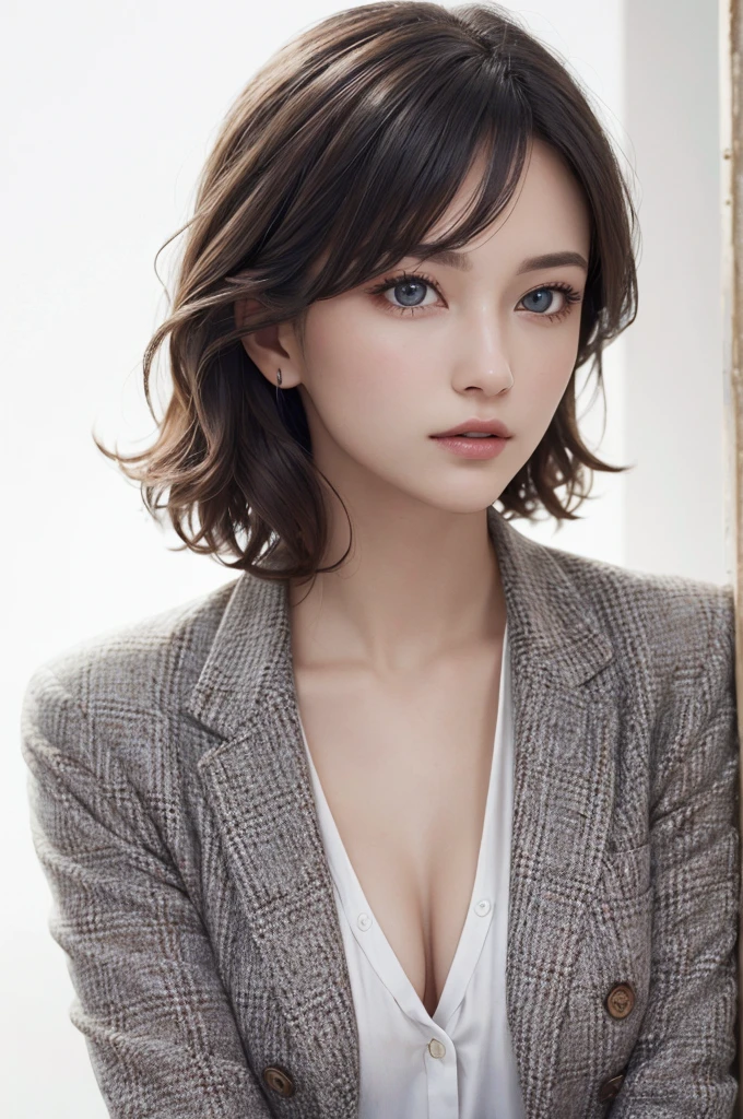 8K Ultra HD、RAWphotograph、モデルphotograph撮影、 European Fashion、(masterpiece、Highest quality、Realistic、High resolution、photograph:1.3)、close、focus on、Hot Model、slim、30 year old mature woman、Small face、No makeup、short hair、Beautiful dark brown Hayne eyes、Genuineスキン、(Perfect body)、Sexy hot face、sexual sight、slim、Tweed jacket、Long sleeve、High neck shirt、Button up,Beautiful eyes in every detail、Glossy lips、((Bright light、Dynamic Lighting、Genuine、超Genuine、 realism、Genuineなディテール、Cool Beauty、Cool pose、Background white、Plain white background