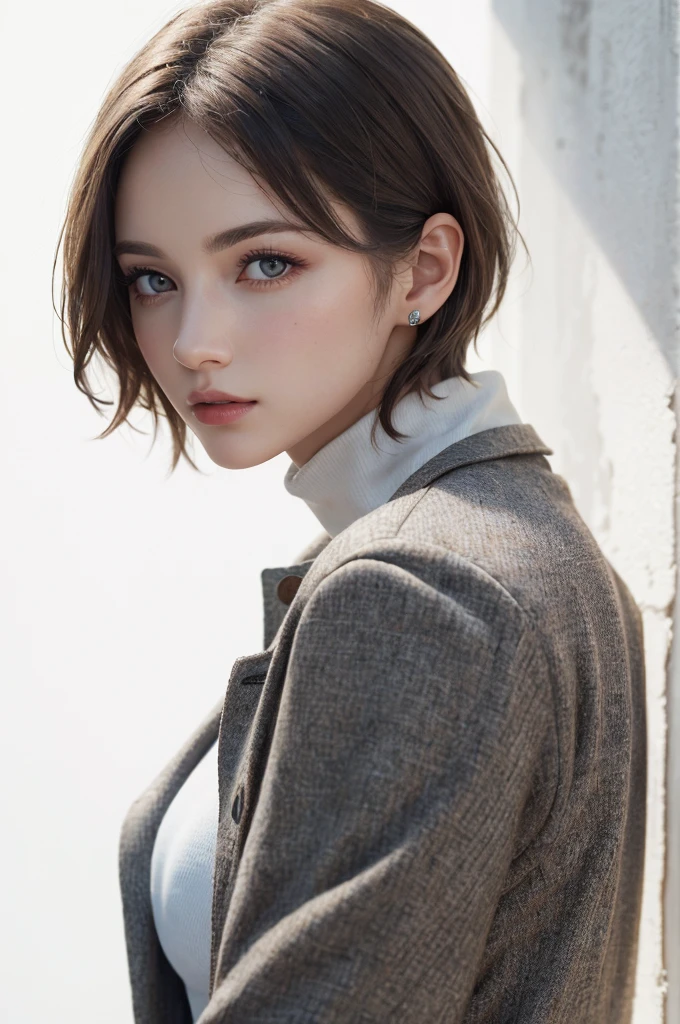 8K Ultra HD、RAWphotograph、モデルphotograph撮影、 European Fashion、(masterpiece、Highest quality、Realistic、High resolution、photograph:1.3)、close、focus on、Hot Model、slim、30 year old mature woman、Small face、No makeup、short hair、Beautiful dark brown Hayne eyes、Genuineスキン、(Perfect body)、Sexy hot face、sexual sight、slim、Tweed jacket、Long sleeve、High neck shirt、Button up,Beautiful eyes in every detail、Glossy lips、((Bright light、Dynamic Lighting、Genuine、超Genuine、 realism、Genuineなディテール、Cool Beauty、Cool pose、Background white、Plain white background