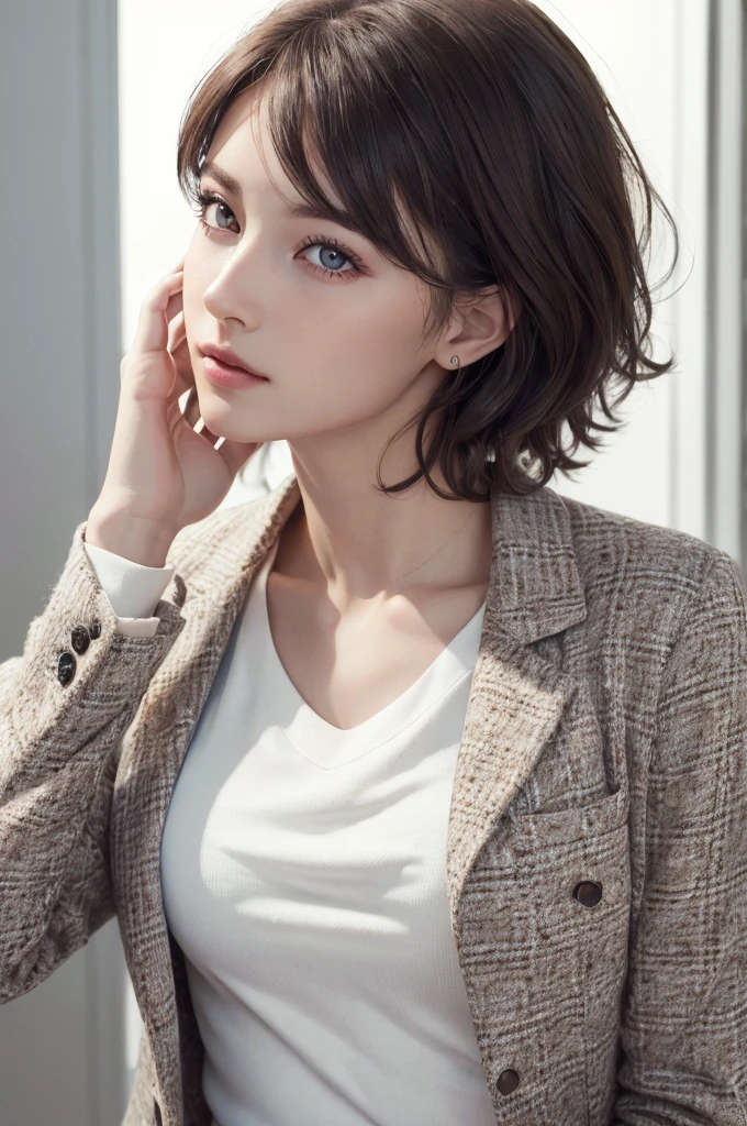 8K Ultra HD、RAWphotograph、モデルphotograph撮影、 European Fashion、(masterpiece、Highest quality、Realistic、High resolution、photograph:1.3)、close、focus on、Hot Model、slim、30 year old mature woman、Small face、No makeup、short hair、Beautiful dark brown Hayne eyes、Genuineスキン、(Perfect body)、Sexy hot face、sexual sight、slim、Tweed jacket、Long sleeve、High neck shirt、Button up,Beautiful eyes in every detail、Glossy lips、((Bright light、Dynamic Lighting、Genuine、超Genuine、 realism、Genuineなディテール、Cool Beauty、Cool pose、Background white、Plain white background