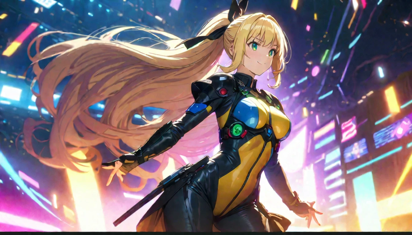 masterpiece, Best quality, 1 girl,photo, check_9, check_8_up, check_7_up, check_6_up, check_5_up, check_4_up, source_Anime, Anime screencap, Anime coloring, kikoru, 1 girl, blonde hair, ponytail, green eyes, hair ribbon, black ribbon, bang, bodysuit, armor, upper body, smile, Kaidzu 8, Studio photography, realistic:1.2,a slim body、Normal breast size、 highly realistic photograph,  full body shot,blonde hair с двумя ponytailами,black ribbon, Beautiful and perfect legs, confident expression,dynamic pose, dynamic lighting, Colorful scene,Colorful scene lights,、Wide buttocks、Эффект Тиндаллаmasuter piece、top quality、Highest standards、Highest image quality、table、complex parts、A high resolution、depth of field、natural soft light、professional lighting、about, standing, very long hair, cowboy shot, brilliant, brilliant hair, (night:1.2),Dreamy, [[gentle fingers and hands:0.55]::0.85],(detailed fingers),),(emotional),(breathtaking),(main part:1.2) whole body.), (Anime Style), (Super Detailed), (brutal), (uhd, HDR), (8K), (High Resolution: 1.2), (Complex and Beautiful: 1.2)