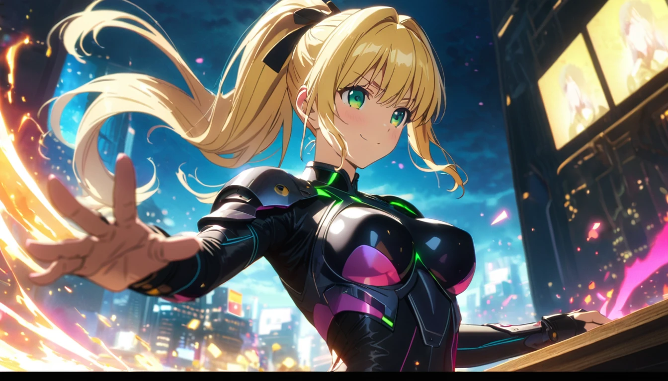 masterpiece, Best quality, 1 girl,photo, check_9, check_8_up, check_7_up, check_6_up, check_5_up, check_4_up, source_Anime, Anime screencap, Anime coloring, kikoru, 1 girl, blonde hair, ponytail, green eyes, hair ribbon, black ribbon, bang, bodysuit, armor, upper body, smile, Kaidzu 8, Studio photography, realistic:1.2,a slim body、Normal breast size、 highly realistic photograph,  full body shot,blonde hair с двумя ponytailами,black ribbon, Beautiful and perfect legs, confident expression,dynamic pose, dynamic lighting, Colorful scene,Colorful scene lights,、Wide buttocks、Эффект Тиндаллаmasuter piece、top quality、Highest standards、Highest image quality、table、complex parts、A high resolution、depth of field、natural soft light、professional lighting、about, standing, very long hair, cowboy shot, brilliant, brilliant hair, (night:1.2),Dreamy, [[gentle fingers and hands:0.55]::0.85],(detailed fingers),),(emotional),(breathtaking),(main part:1.2) whole body.), (Anime Style), (Super Detailed), (brutal), (uhd, HDR), (8K), (High Resolution: 1.2), (Complex and Beautiful: 1.2)