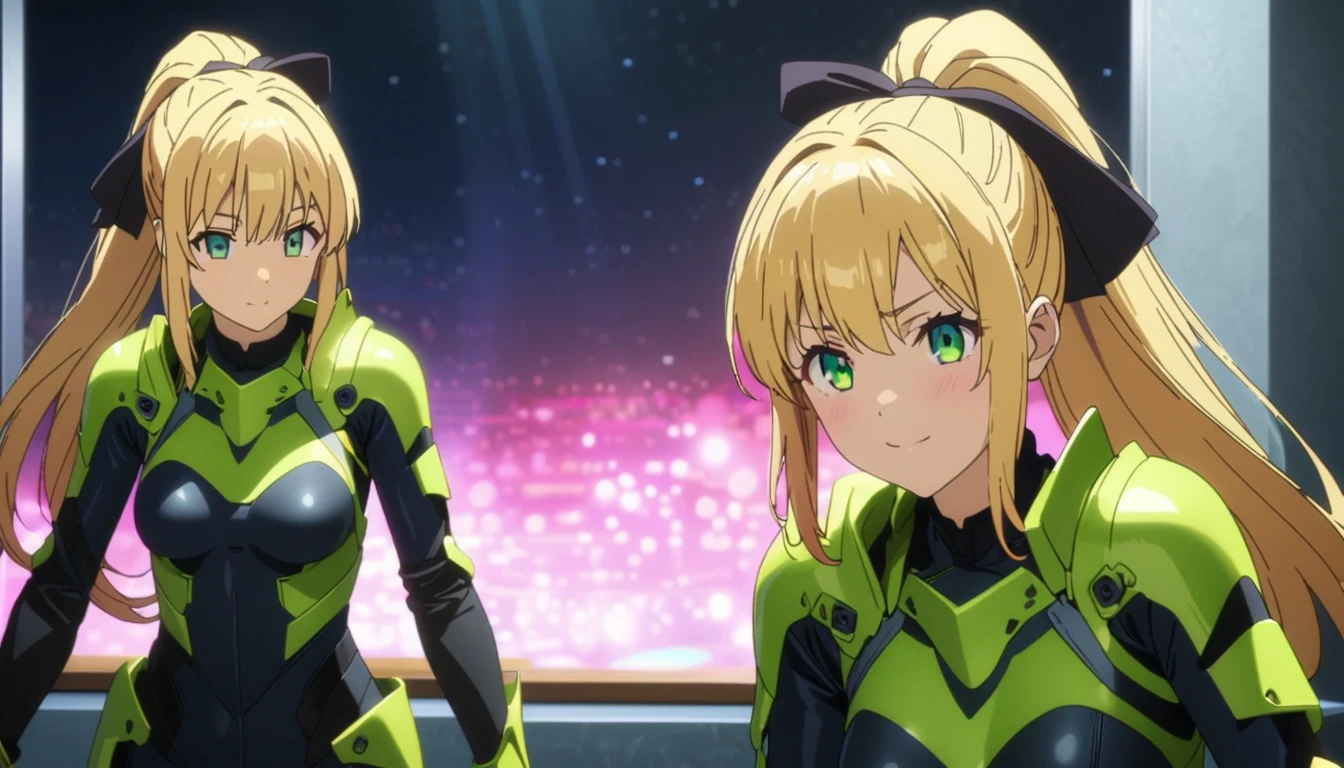 masterpiece, Best quality, 1 girl,photo, check_9, check_8_up, check_7_up, check_6_up, check_5_up, check_4_up, source_Anime, Anime screencap, Anime coloring, kikoru, 1 girl, blonde hair, ponytail, green eyes, hair ribbon, black ribbon, bang, bodysuit, armor, upper body, smile, Kaidzu 8, Studio photography, realistic:1.2,a slim body、Normal breast size、 highly realistic photograph,  full body shot,blonde hair с двумя ponytailами,black ribbon, Beautiful and perfect legs, confident expression,dynamic pose, dynamic lighting, Colorful scene,Colorful scene lights,、Wide buttocks、Эффект Тиндаллаmasuter piece、top quality、Highest standards、Highest image quality、table、complex parts、A high resolution、depth of field、natural soft light、professional lighting、about, standing, very long hair, cowboy shot, brilliant, brilliant hair, (night:1.2),Dreamy, [[gentle fingers and hands:0.55]::0.85],(detailed fingers),),(emotional),(breathtaking),(main part:1.2) whole body.), (Anime Style), (Super Detailed), (brutal), (uhd, HDR), (8K), (High Resolution: 1.2), (Complex and Beautiful: 1.2)