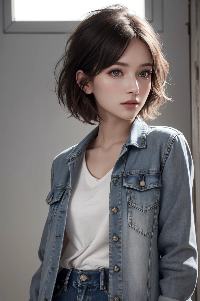 8K Ultra HD、RAWphotograph、モデルphotograph撮影、 European Fashion、(masterpiece、Highest quality、Realistic、High resolution、photograph:1.3)、close、focus on、Hot Model、slim、30 year old mature woman、Small face、No makeup、short hair、Beautiful dark brown Hayne eyes、Genuineスキン、(Perfect body)、Sexy hot face、sexual sight、slim、blouse、Denim Jacket、Long sleeve、Beautiful eyes in every detail、Glossy lips、((Bright light、Dynamic Lighting、Genuine、超Genuine、 realism、Genuineなディテール、Cool Beauty、Cool pose、Background gray、Plain gray background