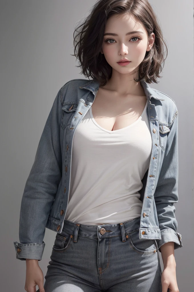 8K Ultra HD、RAWphotograph、モデルphotograph撮影、 European Fashion、(masterpiece、Highest quality、Realistic、High resolution、photograph:1.3)、close、focus on、Hot Model、slim、30 year old mature woman、Small face、No makeup、short hair、Beautiful dark brown Hayne eyes、Genuineスキン、(Perfect body)、Sexy hot face、sexual sight、slim、shirt、Denim Jacket、Long sleeve、Beautiful eyes in every detail、Glossy lips、((Bright light、Dynamic Lighting、Genuine、超Genuine、 realism、Genuineなディテール、Cool Beauty、Cool pose、Background gray、Plain gray background