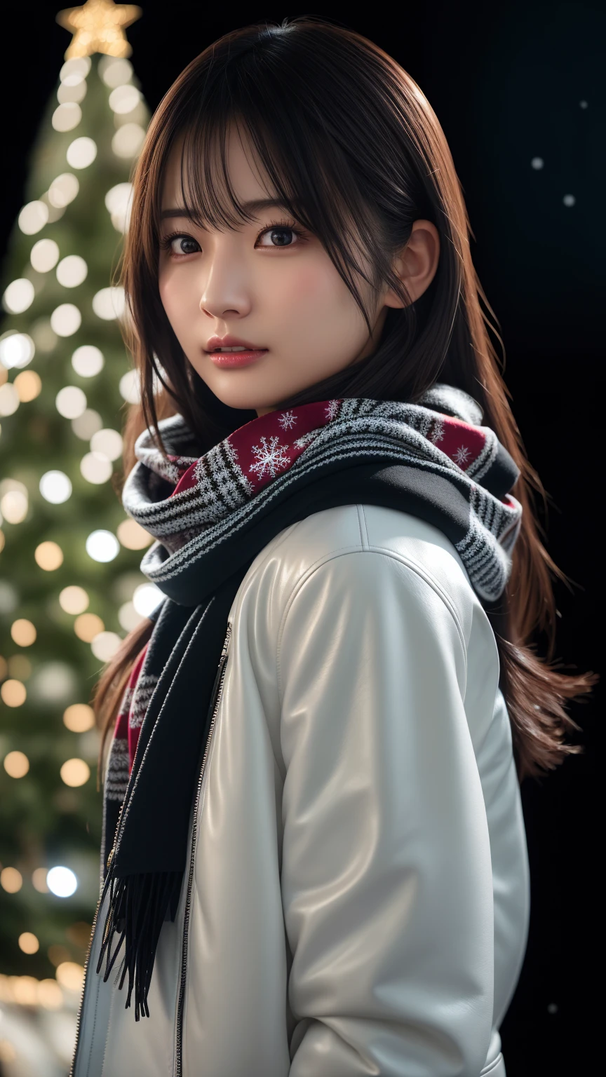 ((Excellent style)), Japanese women、Photorealistic、Beautiful attention to detail、Hyperrealism、High Contrast、Ultra HD、Realistic skin texture、Best image quality、Highest quality、Ultra-high resolution、Fine details、White scarf, Black leather jacket, Christmas illuminations in the background, slender, night, Gorgeous illumination, illumination, Xmas, Nonwoven mask