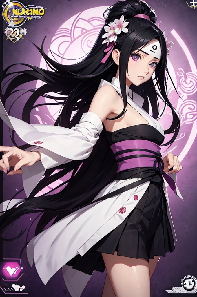 Naruto Shippuden screenshot of a girl with long straight shoulder length black hair, white skin, light purple eyes, heart shaped face. She is elegant, gentle, wearing a black gakuran with Chinese style electric code skirt with flowers patterns, black shoes, fantasy art, beautiful character drawing, yukata outfit, epic and exquisite character art, gorgeous character art, beautiful shinobi girl.