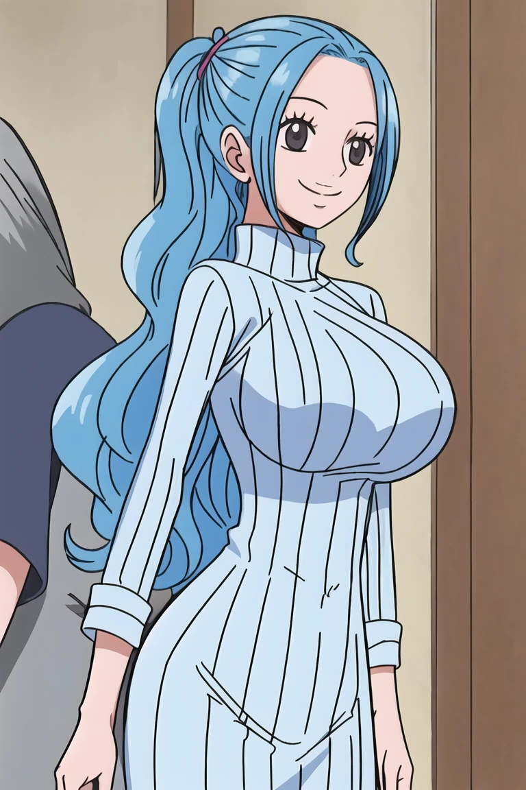 One girl, smile, close, Castel, Blue Hair, Back Focus,Happy,turtleneck,Apart from the clothes,Double vertical stripes.Double Bang,From the side,~ side, room, Big Breasts, Grey Eyes