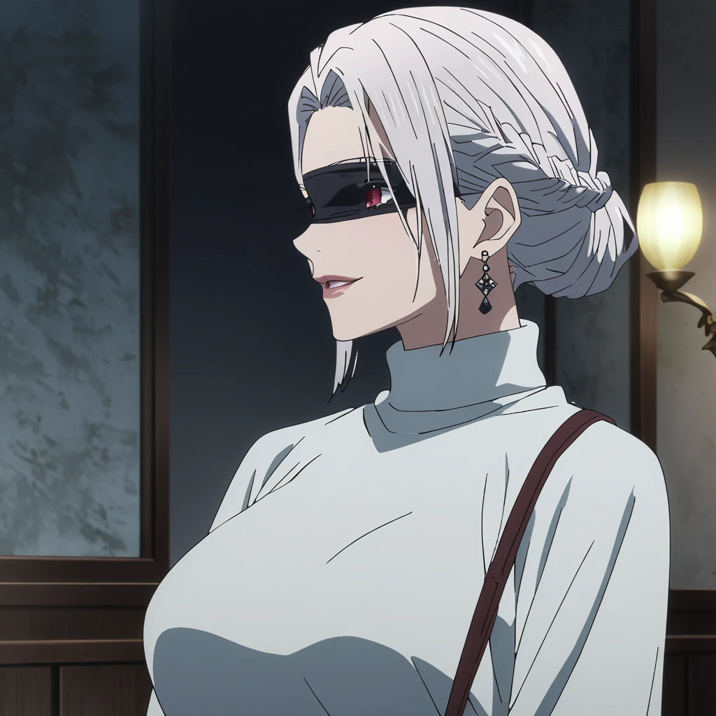 1girl, female gojo satoru, anime screencap from jujutsu kaisen, gojo satoru female version, solo, long_hair, ((red eyes)) ((White_hair, elegant hairstyle, french braid)), night view, (hanging breasts) upper_body, smile, indoors, book, lips, (slightly straight hair) ((wearing white sweater)) breast, "very detailed and high resolution" (black blindfold) ((shoulder length straight hair)) ((solo)) (((front view))) (earings) ((high resolution)) ((good quality)) ((elegant hairstyle, french braid)) ((hand bag))