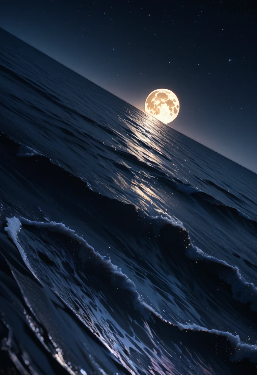 (((masterpiece))), Starry sky photography, Dark night, No light, Serene atmosphere, Calm sea, detailed, highly detailed,Small Full Moon (8K)