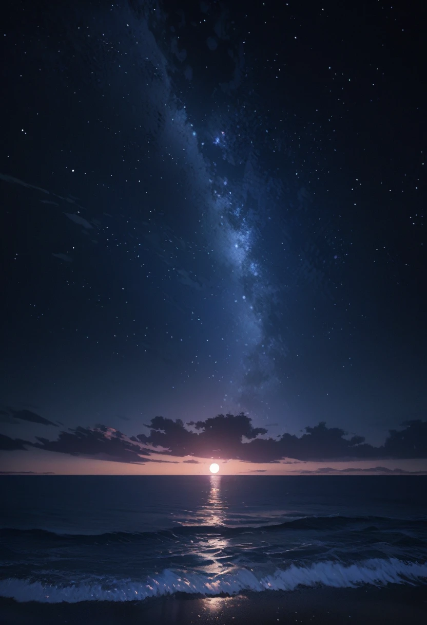 (((masterpiece))), Starry sky photography, Dark night, No light, Serene atmosphere, Calm sea, detailed, highly detailed,Small Full Moon (8K)