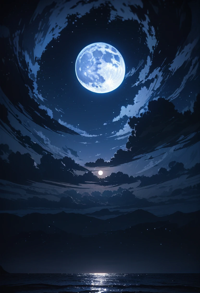 (((masterpiece))), Starry sky photography, Dark night, No light, Serene atmosphere, Calm sea, detailed, highly detailed,Small Full Moon (8K)