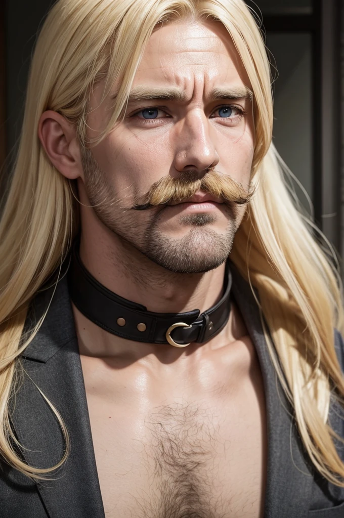 a 35-year-old blond man with a large mustache with a bruised face