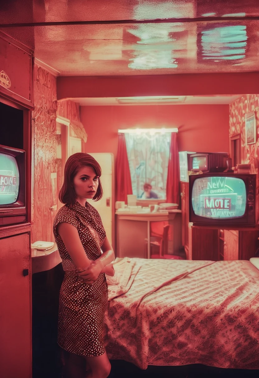 Photo of a young woman standing inside a motel room looking at the camera, from 1960s, red theme, 1960s interior with a CRT TV on, a window at her back, New York street at night with pouring rain and neon signs inside the window, night
