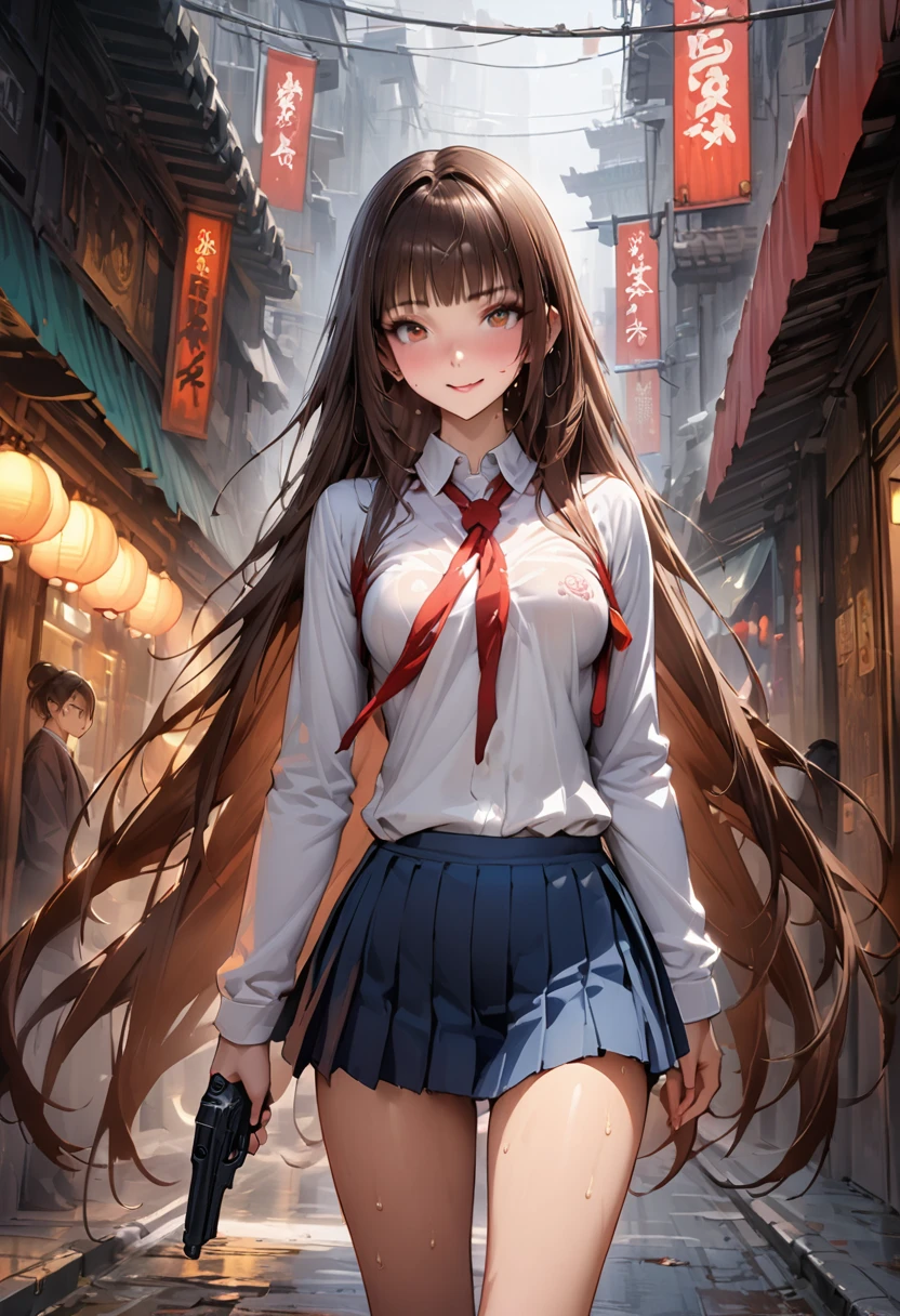 (A detailed depiction of a woman holding a handgun)、World of Blade Runner、((masterpiece,Highest quality:1.3,best quality illustration,realistic:1.3)),cowboy shot,独奏,1woman,(18-year-old、Japanese Beauty)、brown hair,long hair,bangs,brown eyes,gorgeous eyes,(very small head:1.3),smile,(very long body:1.2,skinny),medium breasts,(Red ribbon tie、White long sleeve collared shirt、Navy blue pleated mini skirt),gleaming skin,toned body,slender body,sweat,standing,on street,neon、