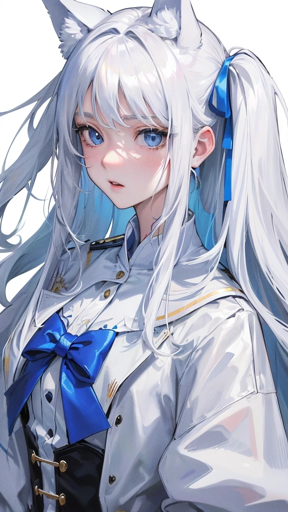 (Top resolution、Distinct_image)top-quality、A girl have white fluffy dropped dog ears、masterpiece、highly detailed、Semi-realistic、blue eyes 、18year old、young、cool clothing、Exquisite facial features、Facial features ,variation potrait, a white background, white hair , long hairstyles, students uniform, age, cute,