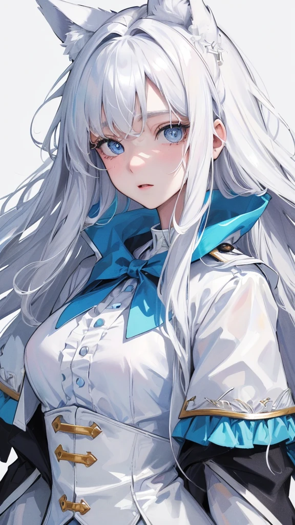 (Top resolution、Distinct_image)top-quality、A girl have white fluffy dropped dog ears、masterpiece、highly detailed、Semi-realistic、blue eyes 、18year old、young、cool clothing、Exquisite facial features、Facial features ,variation potrait, a white background, white hair , long hairstyles, students uniform, teenage, cute,