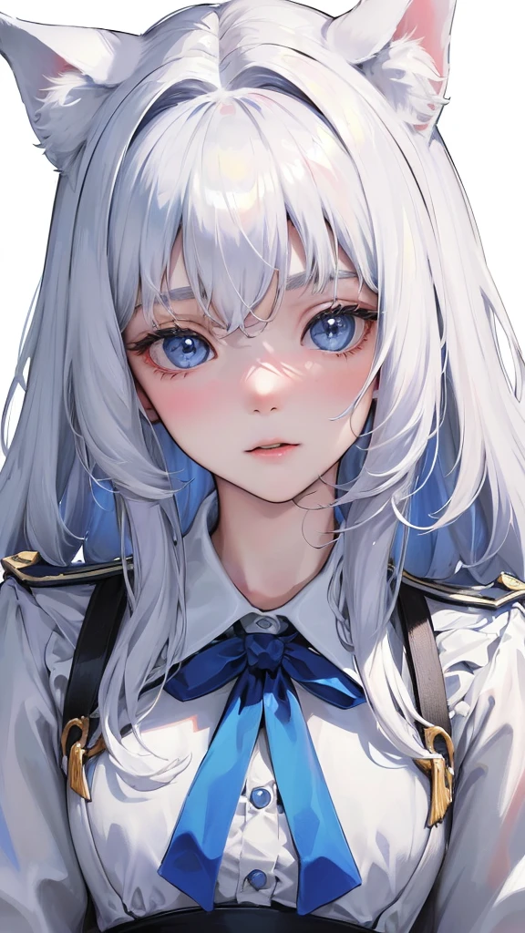 (Top resolution、Distinct_image)top-quality、A girl have white fluffy dropped dog ears、​masterpiece、highly detailed、Semi-realistic、blue eyes  、18year old、young、cool clothing、Exquisite facial features、Facial features ,variation potrait, a white background,  white hair , long  hairstyles, students uniform, teenage, cute, 