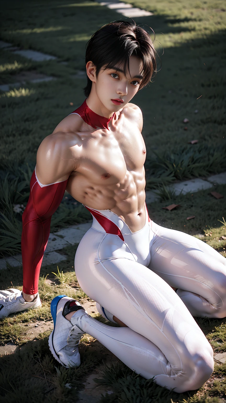 masterpiece,best quality,Look up at the characters，Stay away from the camera， (An 18-year-old boy with extraordinary development:1.2), A tall and muscular giant，(Kneeling upright on the campus lawn),white tight cycling suit,（Broad and straight shoulders）,Muscular shoulders，（Extremely strong body），Muscular body，Fitness，Perfect body proportions，Inverted triangle figure，Biceps，Highlight muscle texture， Muscular body，Slender and toned legs，Tilted head，Small head，Handsome and cute face，Perfectly detailed facial features,Looking at the camera，A serious and angry expression，leaning back,head tilt, happy, very short hair, brown hair,(looking at viewer:1.2)，Vision