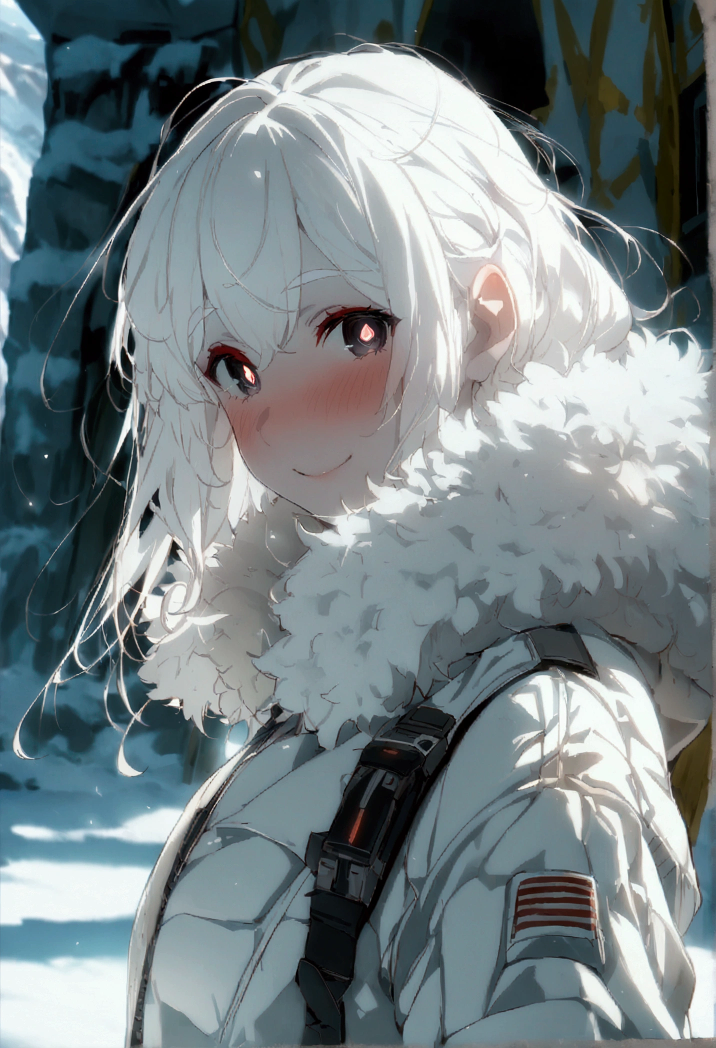 Masterpiece, High quality, High quality of art, anime lineart, 1girl,white hair, black eyes, white eyebrow, red eyeshadow, Tall, big hips, big chest, very blush, white hearts in eyes, in future base, looking at viewer, smile, white skin,In the base of the future somewhere in Antarctica, white fur coat
