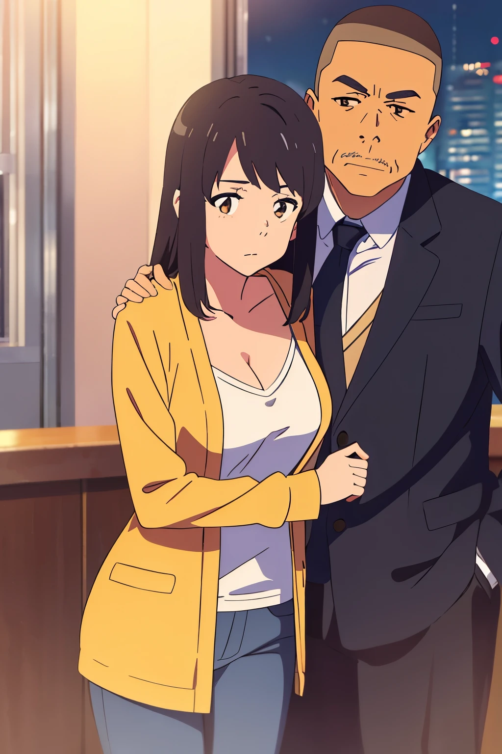shinkai makoto, kimi no na wa., middle aged man, buzzcut, office suite, wrinkles, mustache, middle aged man touching girl breast,breastgrope from behind, passionate hug, middle aged man is hugging from behind, 1girl, bangs, black hair, brown eyes, open mouth, Twisted Half Up, red ribbon, long hair, long sleeve light yellow cardigan, open shirt, yellow shirt, cleavage, breast, medium breast, Orange shirt, orange jeans, night, indoors, mall, masterpiece, perfect ???????, cowboyshot,