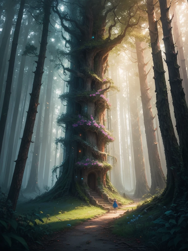 masterpiece, best quality, high quality,extremely detailed CG unity 8k wallpaper, An enchanting and dreamy scene of a fantasy forest, with towering trees, glowing mushrooms, and hidden fairy glens, creating a sense of mystique and enchantment, artstation, digital illustration, intricate, trending, pastel colors, oil paiting, award winning photography, Bokeh, Depth of Field, HDR, bloom, Chromatic Aberration ,Photorealistic,extremely detailed, trending on artstation, trending on CGsociety, Intricate, High Detail, dramatic, art by midjourney