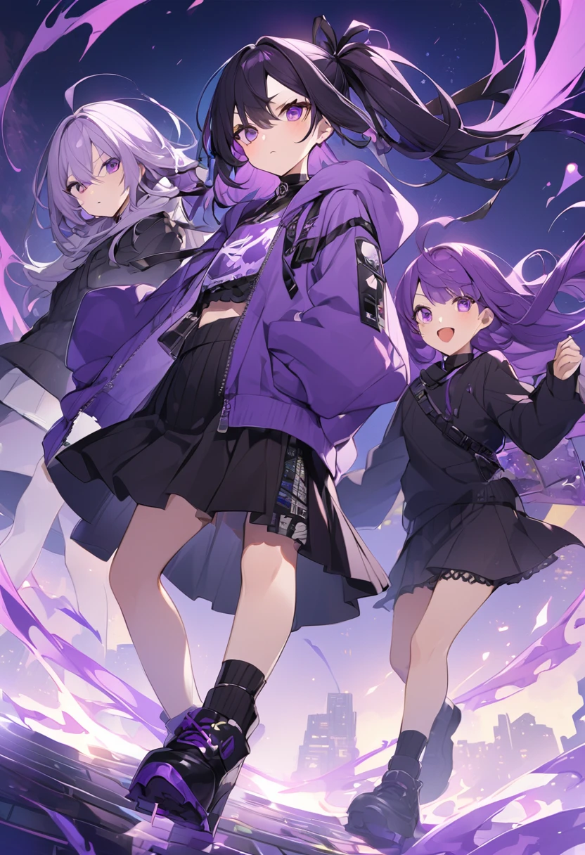 Kate。Purple Eyes。Purple Hair。Purple hoodie。Black Skirt。Black shoes下。Black shoes。Two black ribbons。Jotaro's hat