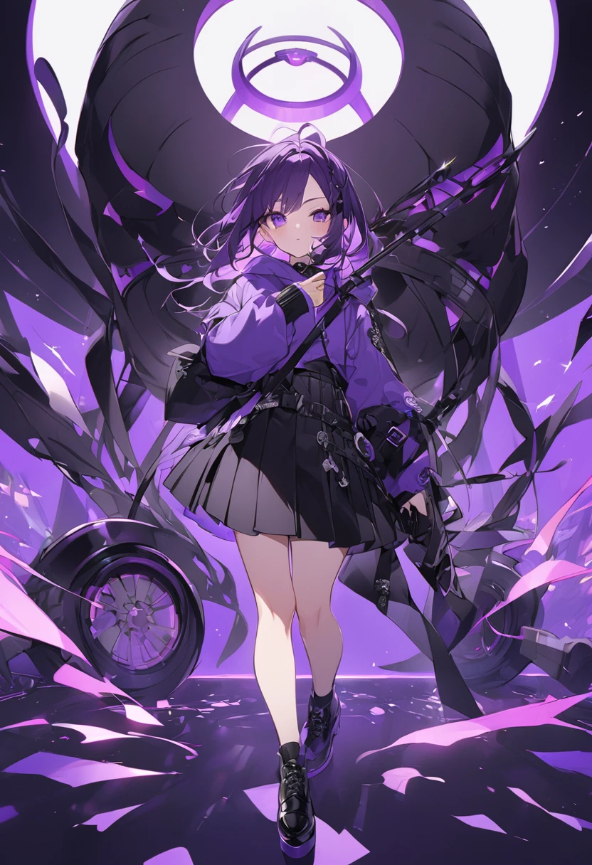 Kate。Purple Eyes。Purple Hair。Purple hoodie。Black Skirt。Black shoes下。Black shoes。Two black ribbons。Jotaro's hat