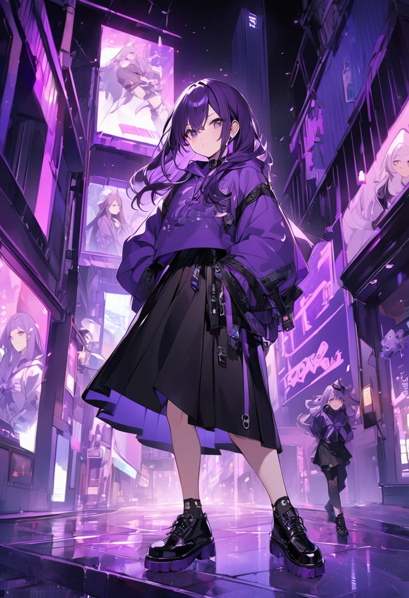 Kate。Purple Eyes。Purple Hair。Purple hoodie。Black Skirt。Black shoes下。Black shoes。Two black ribbons。Jotaro&#39;s hat