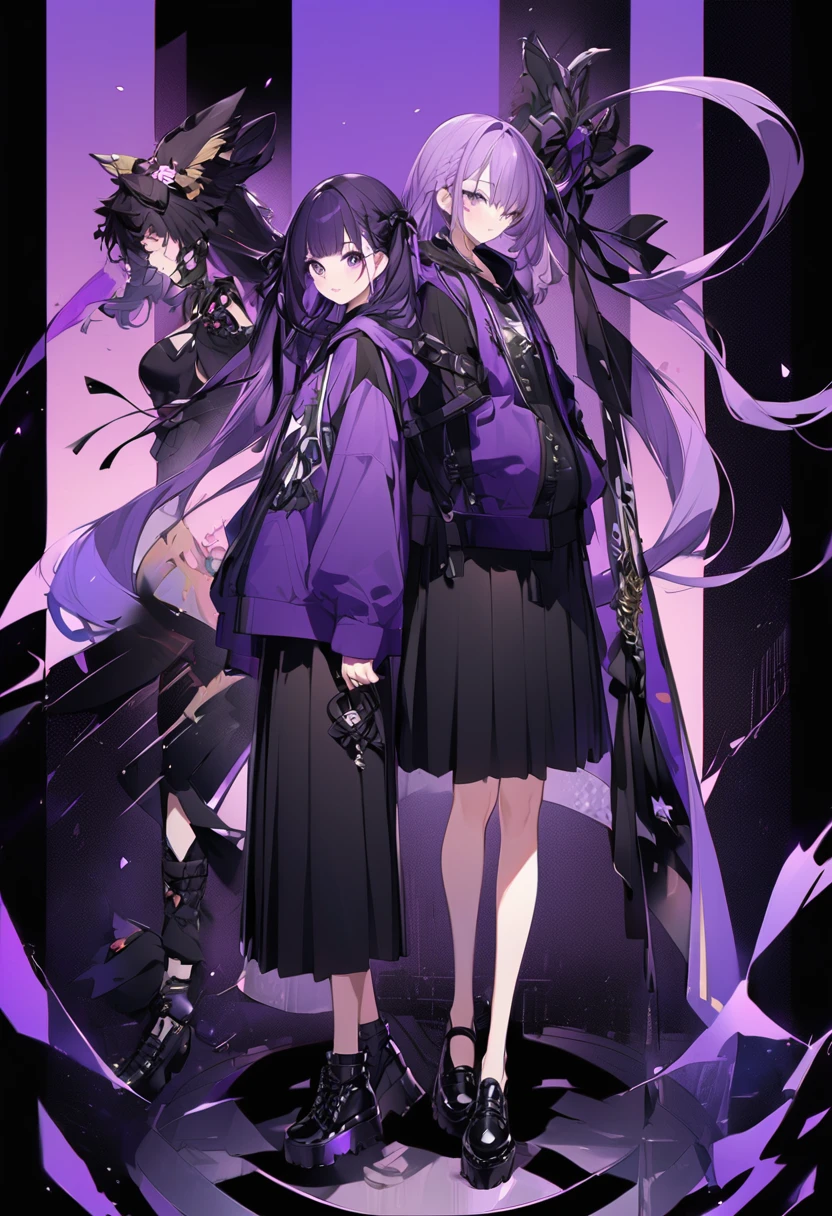 Kate。Purple Eyes。Purple Hair。Purple hoodie。Black Skirt。Black shoes下。Black shoes。Two black ribbons。Jotaro's hat