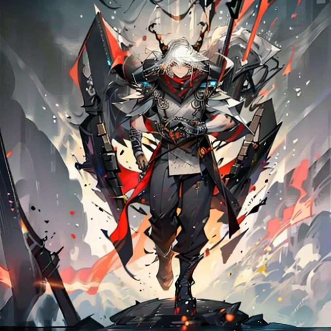 (masterpiece, highest quality), (Detailed Hair), Very detailed, Anime Style, whole body, alone, Concept Art, Science Fantasy Combat Girl, Neck-length black and yellow hair, Golden Eyes, His right hand has been modified into a deadly cybernetic claw.. Cyber Kimono, Torn red scarf, Cyber Horned, Wearing tabi socks, White Background, whole body, Standing in the wasteland,
