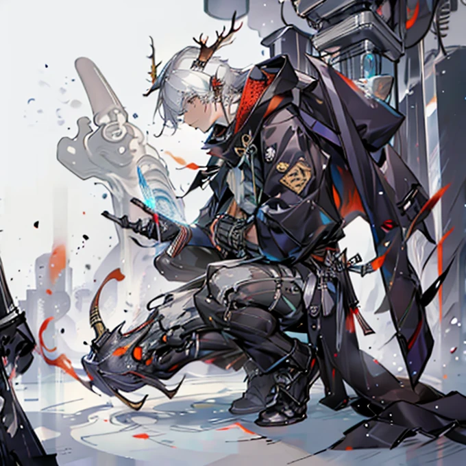 (masterpiece, highest quality), (Detailed Hair), Very detailed, Anime Style, whole body, alone, Concept Art, Science Fantasy Combat Girl, Neck-length black and yellow hair, Golden Eyes, His right hand has been modified into a deadly cybernetic claw.. Cyber Kimono, Torn red scarf, Cyber Horned, Wearing tabi socks, White Background, whole body, Standing in the wasteland,
