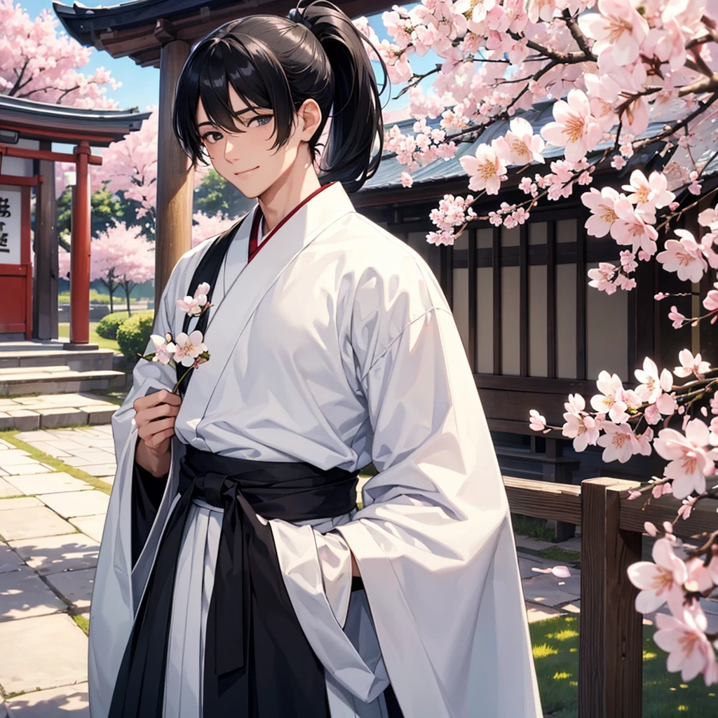 {{masterpiece}}, {{best quality}}, {ultra-detailed}, watercolor, spring, {{a cool boy}}, 1boy, solo,, beautiful black hair, beautiful black eyes, {beautiful eyes}, white-skinned, long hair, light smile,(hakama),(shrine),(cherry blossoms),{ponytail}