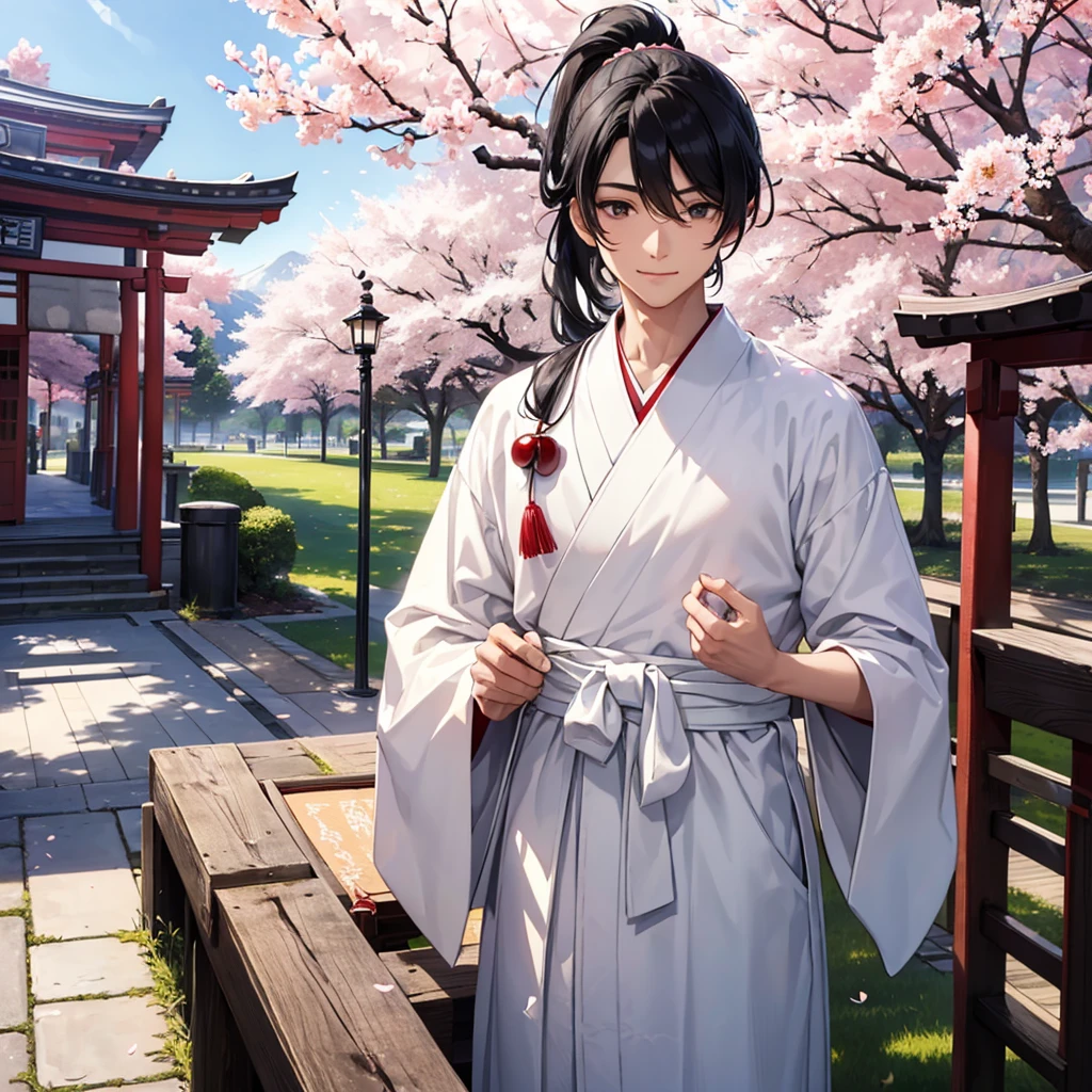 {{masterpiece}}, {{best quality}}, {ultra-detailed}, watercolor, spring, {{a cool boy}}, 1boy, solo,, beautiful black hair, beautiful black eyes, {beautiful eyes}, white-skinned, long hair, light smile,(hakama),(shrine),(cherry blossoms),{ponytail}