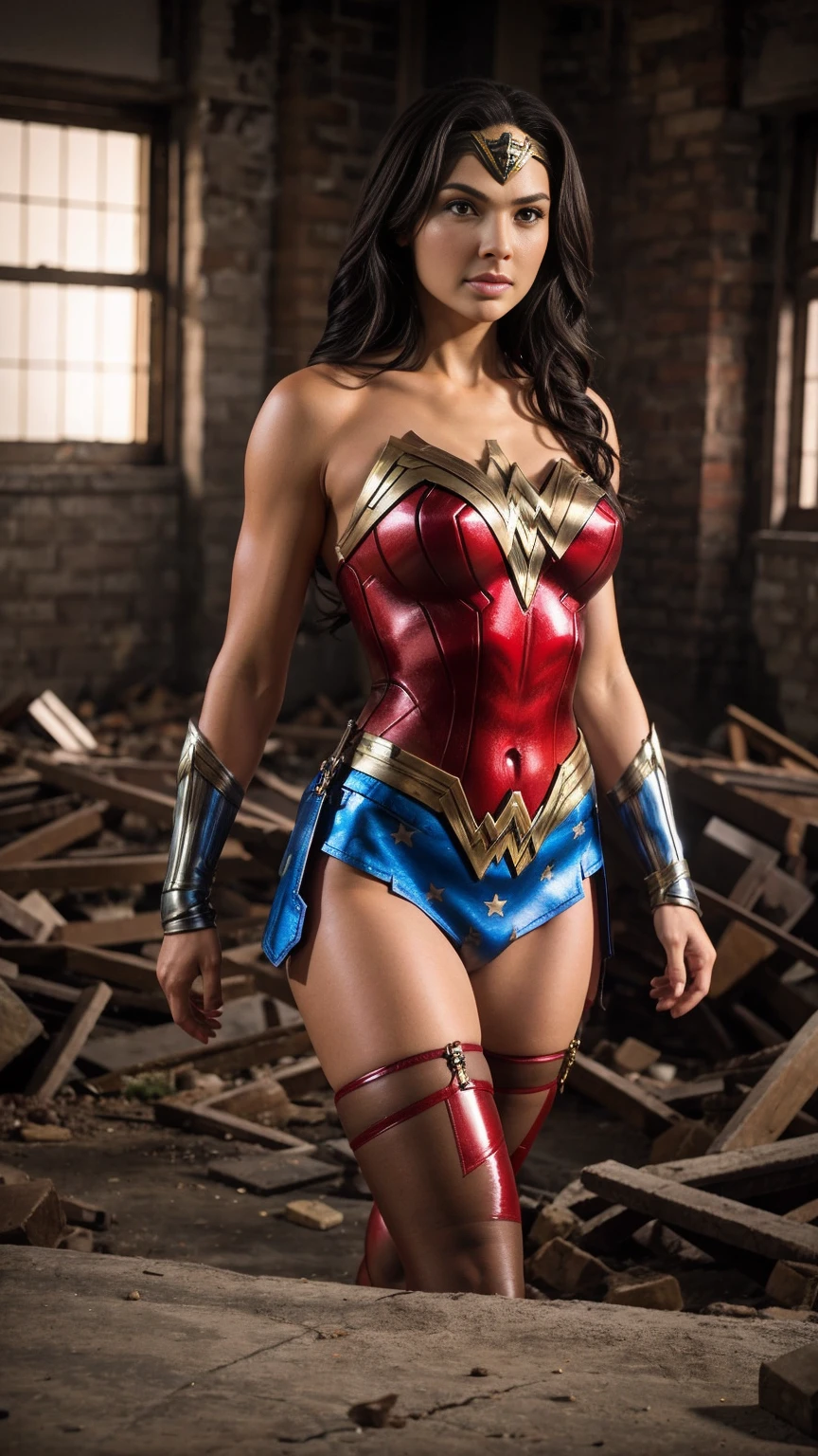 Wonder woman big tits, stands amid destruction. In pantyhose and blue-red latex. Wonder Woman Costume 