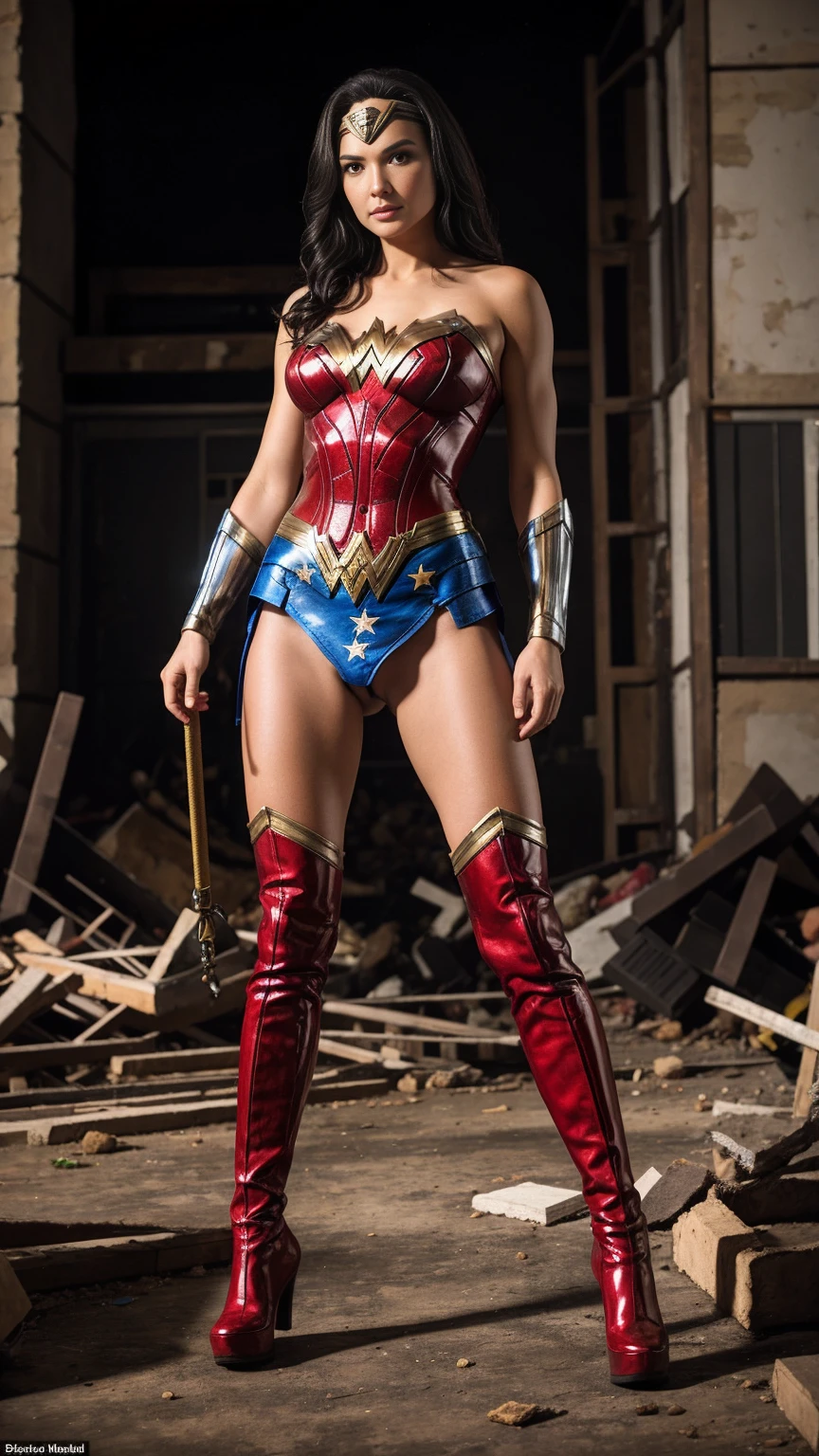 Wonder woman big tits, stands amid destruction. In pantyhose and blue-red latex. Wonder Woman Costume 