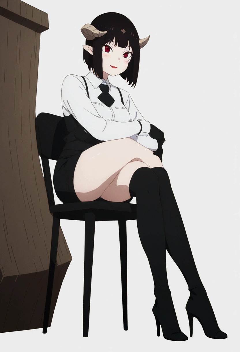 (work of art, ultra detali,high resolution,8K), 1 girl ,standing alone,hinterland,Look to viewer, TochaTortura, trunk,sheen,brunette skin,sitting on a chair,legs crossed,,black socks,horns on head,ssmile,face red,blushed,ssmile,staring overhead
